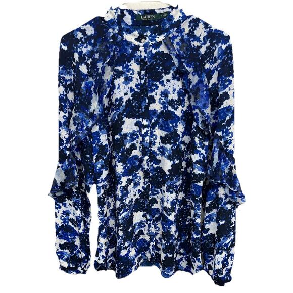 LAUREN RALPH LAUREN Size Large Blouse Floral Print Georgette Blue $89 MSRP - Picture 3 of 9